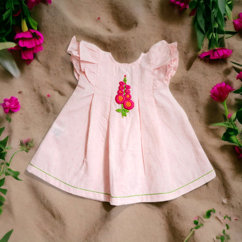 Organic Cotton Hand Embroidered Floral Girls Peach  Dress