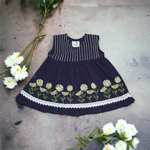 Organic Cotton Embroidered Girls Navy Blue Daisy Dress