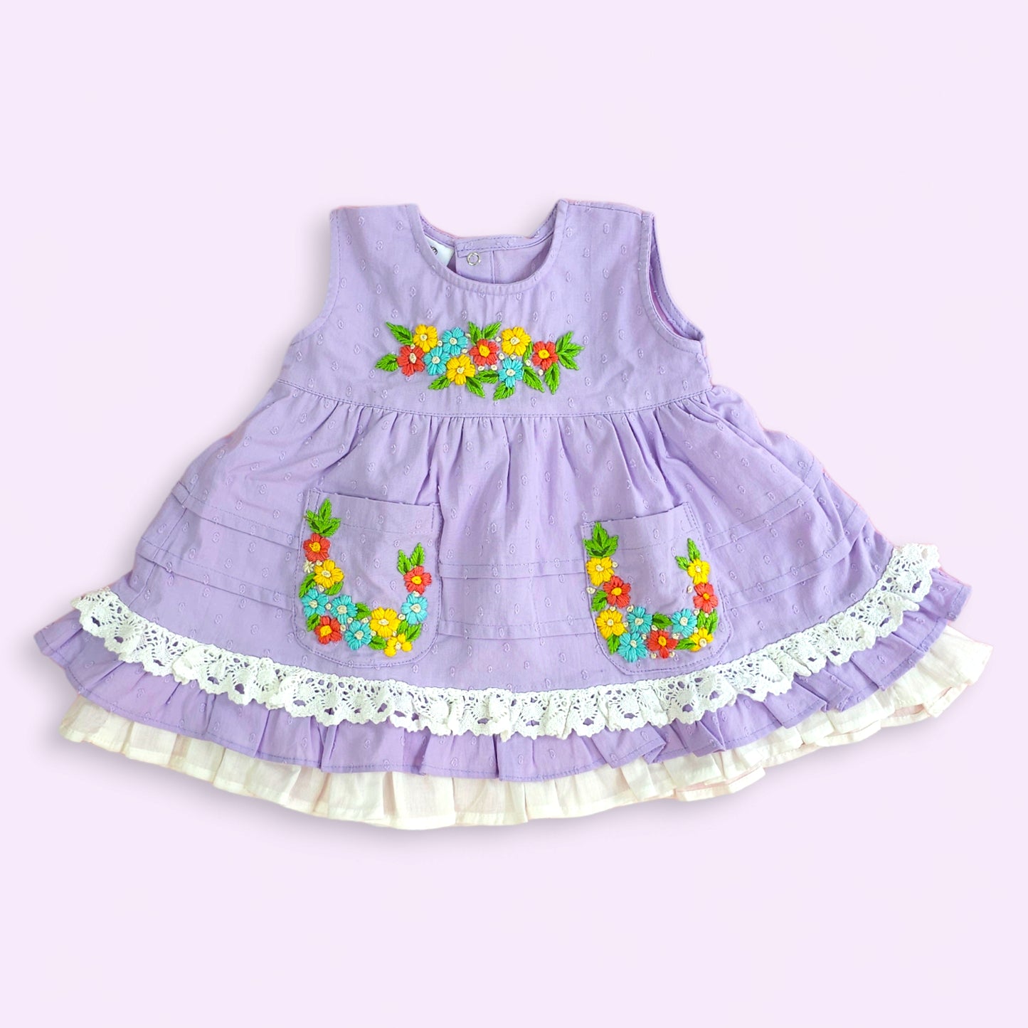 Keebee Organic Cotton Hand Embroidered Lilac Peony Baby Girl Dress