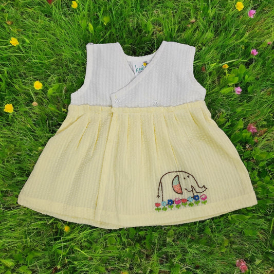 Keebee Organic Cotton Embroidered Girls White and Yellow Overlap Dress - Elephant