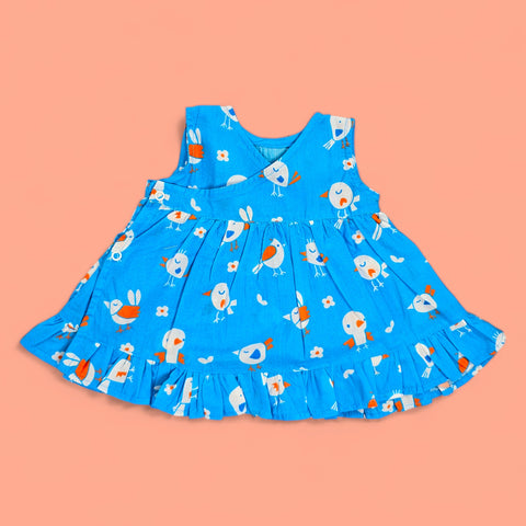 Keebee Organic Cotton Printed Newborn Baby Girl Jabla / Dress - Blue Birdie