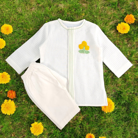 Keebee Organic Cotton Newborn Boys Textured White Kurta Set - Marigold