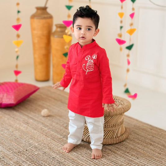 Keebee Organic Cotton Embroidered Red Kurta paired with Pajama Pants - Tiger