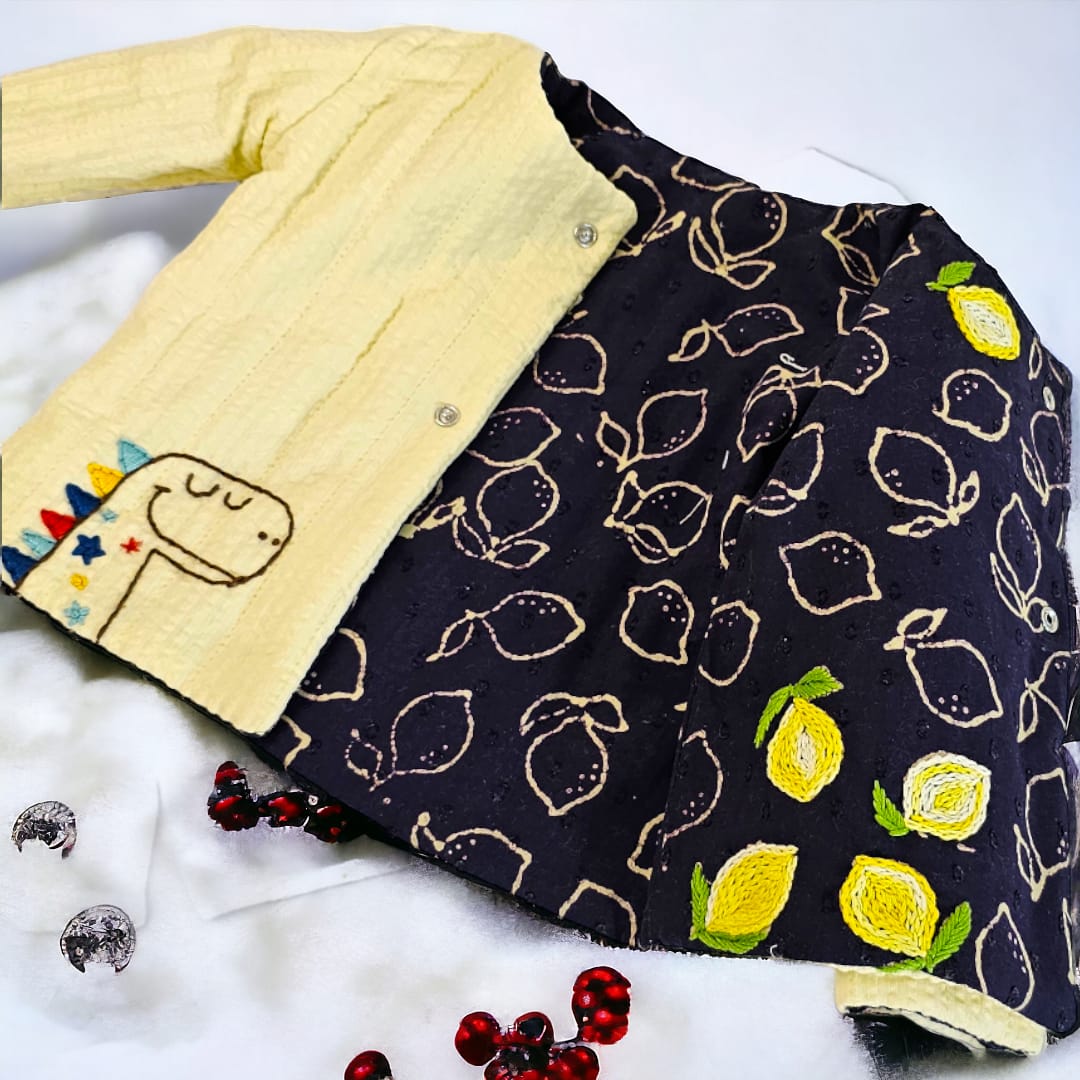 Keebee Organic Cotton Quilted Reversible Jacket - Lemon and Dino