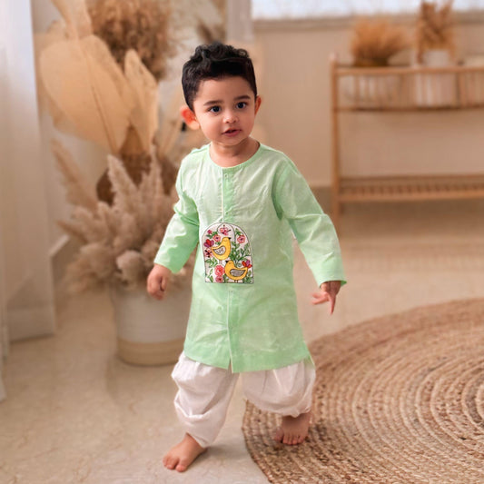 Keebee Organic Cotton Embroidered Green Kurta paired with Dhoti Salwar - Birds in Bloom