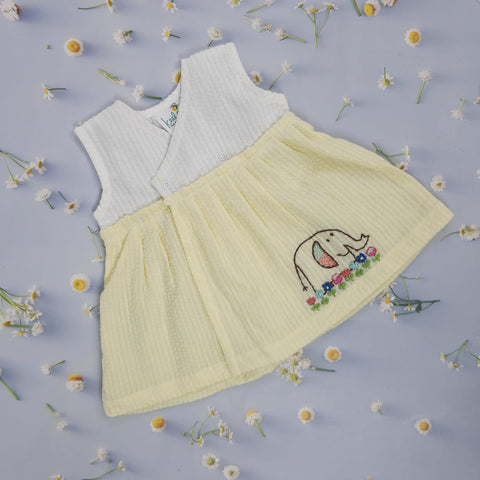 Keebee Organic Cotton Embroidered Girls White and Yellow Overlap Dress - Elephant