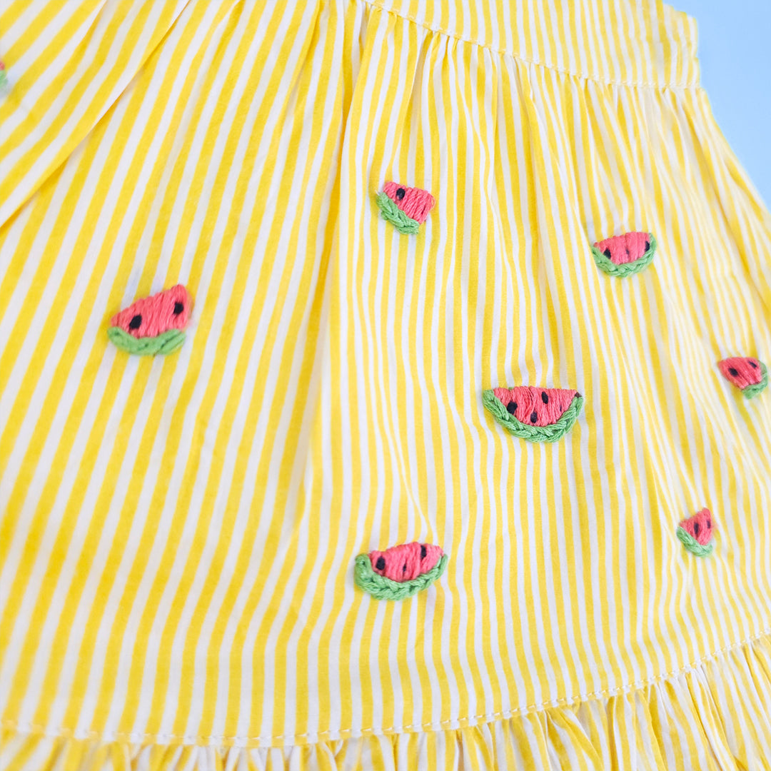 Keebee Organic Cotton Embroidered Yellow Striped Girls Dress - Watermelon