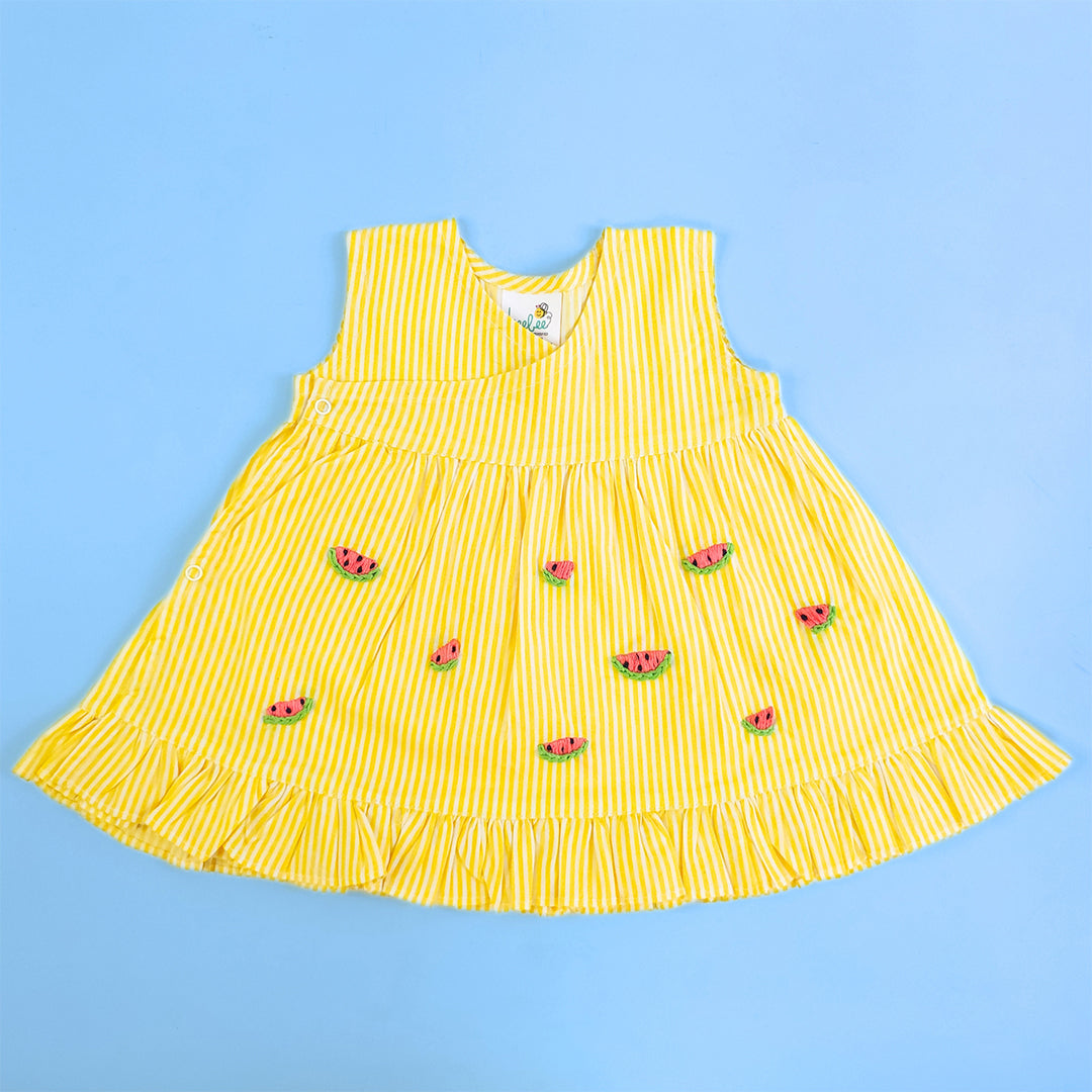 Keebee Organic Cotton Embroidered Yellow Striped Girls Dress - Watermelon