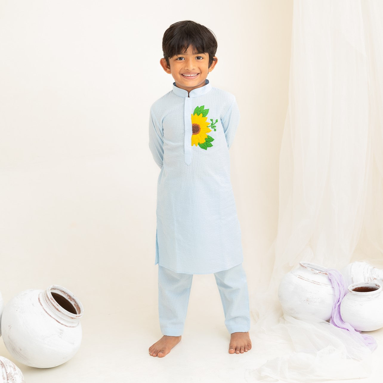 Keebee Organic Cotton Embroidered Light Blue Kurta paired with Pajama Pants - Sunflower