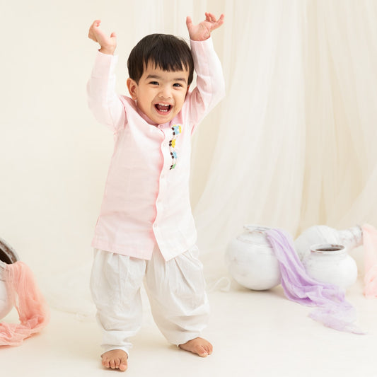 Keebee Organic Cotton Embroidered Light Pink Kurta paired with Pajama Pants - Train