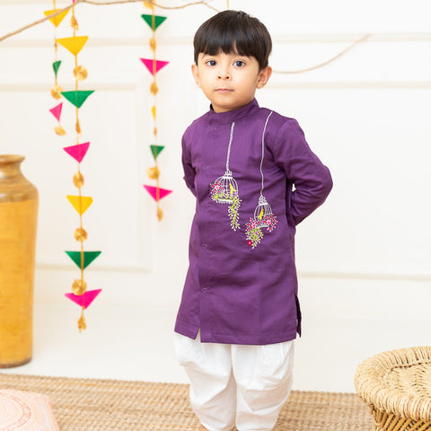 Keebee Organic Cotton Embroidered Purple Kurta paired with Patiyala Pants - Birdcages