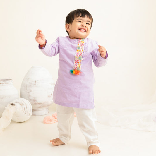 Keebee Organic Cotton Embroidered Lilac Kurta paired with Pajama Pants