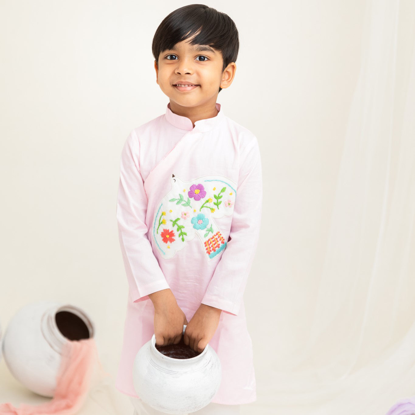 Keebee Organic Cotton Embroidered Light Pink Kurta paired with Pajama Pants - Dove