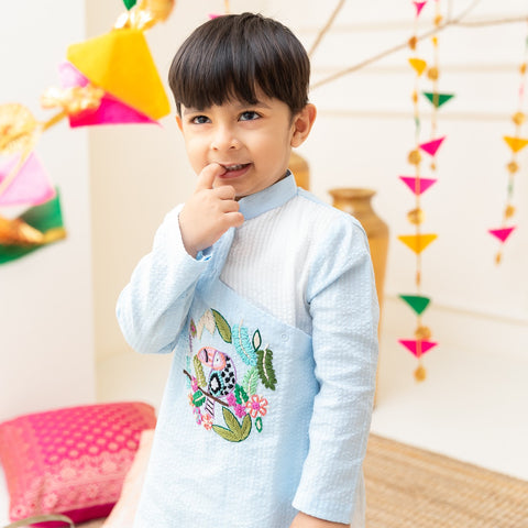 Keebee Organic Cotton Embroidered Light Blue Angrakha Kurta paired with Pajama Pants - Toucan