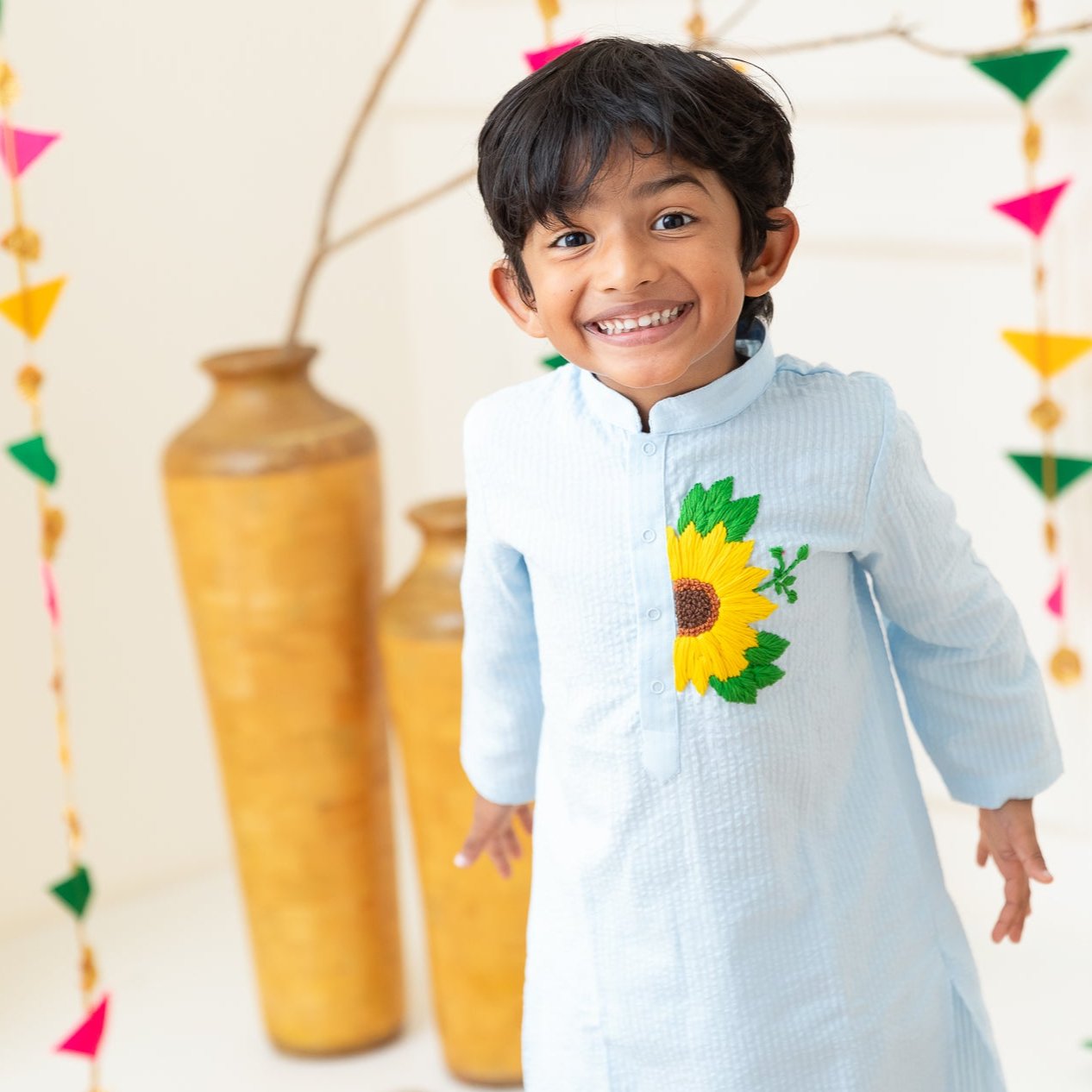 Keebee Organic Cotton Embroidered Light Blue Kurta paired with Pajama Pants - Sunflower