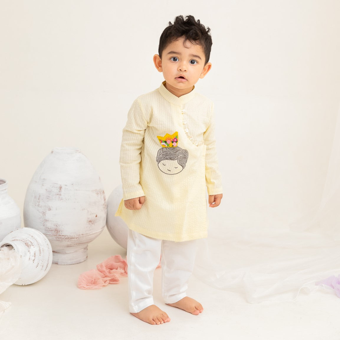 Keebee Organic Cotton Embroidered Yellow Kurta paired with Pajama Pants - Little Prince