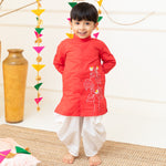 Keebee Organic Cotton Embroidered Red Kurta paired with Patiyala Pants - Floral Vine