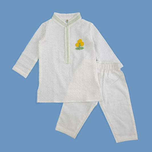 Organic Cotton Embroidered White Kurta paired with Pajama Pants - Marigold