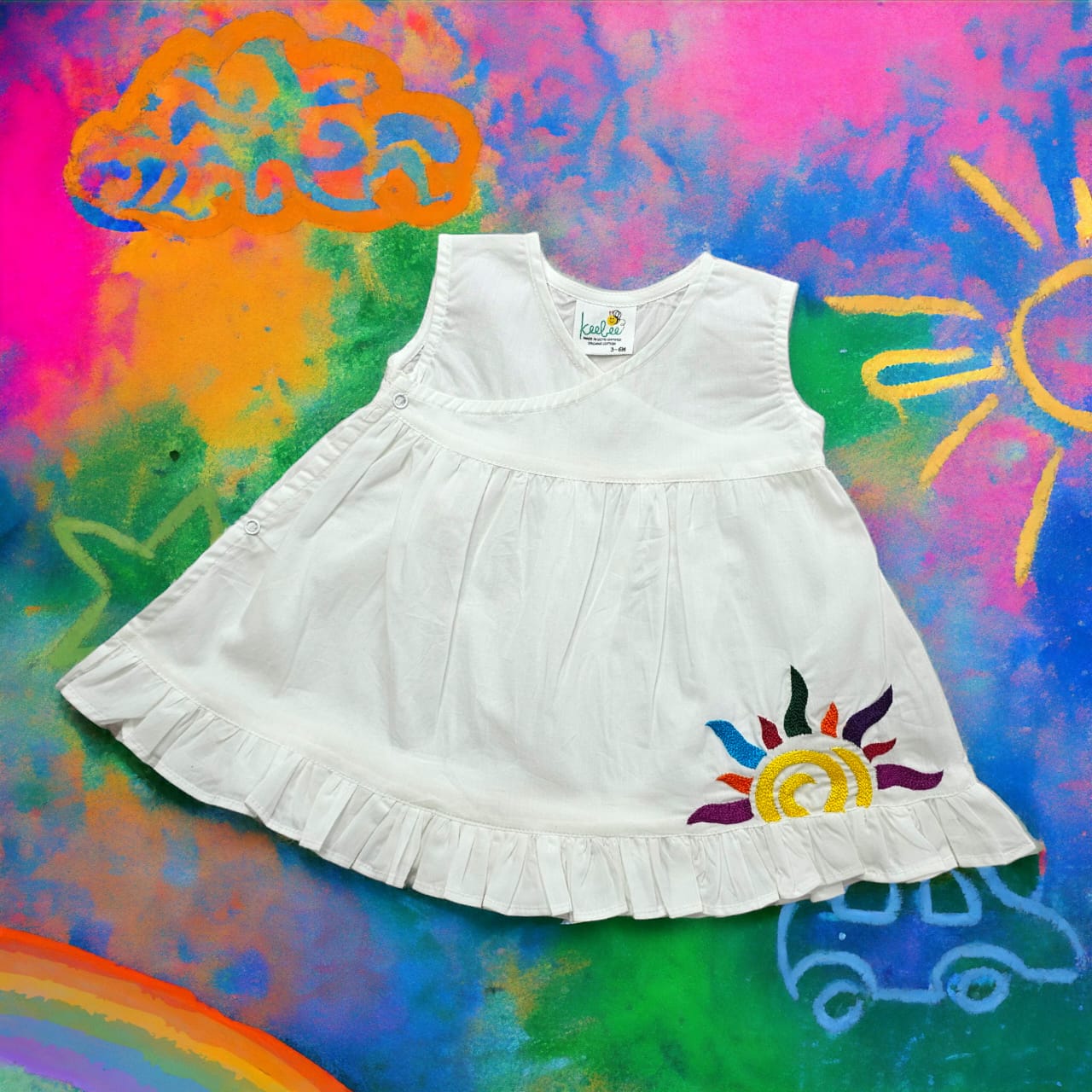 Keebee Organic Cotton Embroidered Girls White Jabla / Dress - Colorful Sun