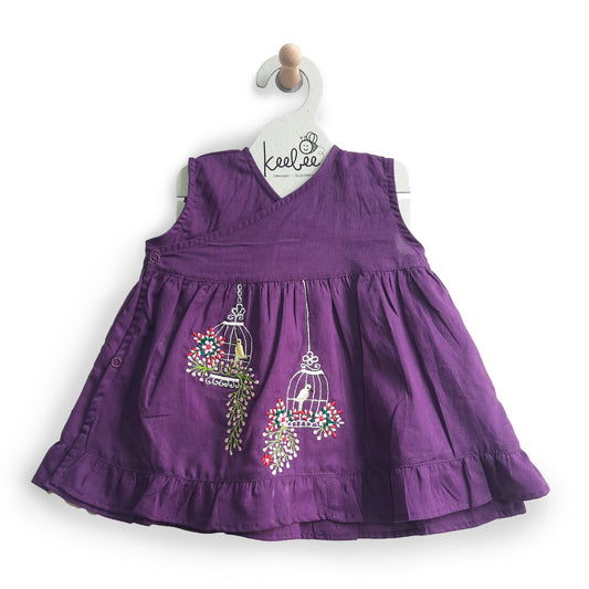 Organic Cotton Embroidered Girls Purple Jabla / Dress - Birdcages