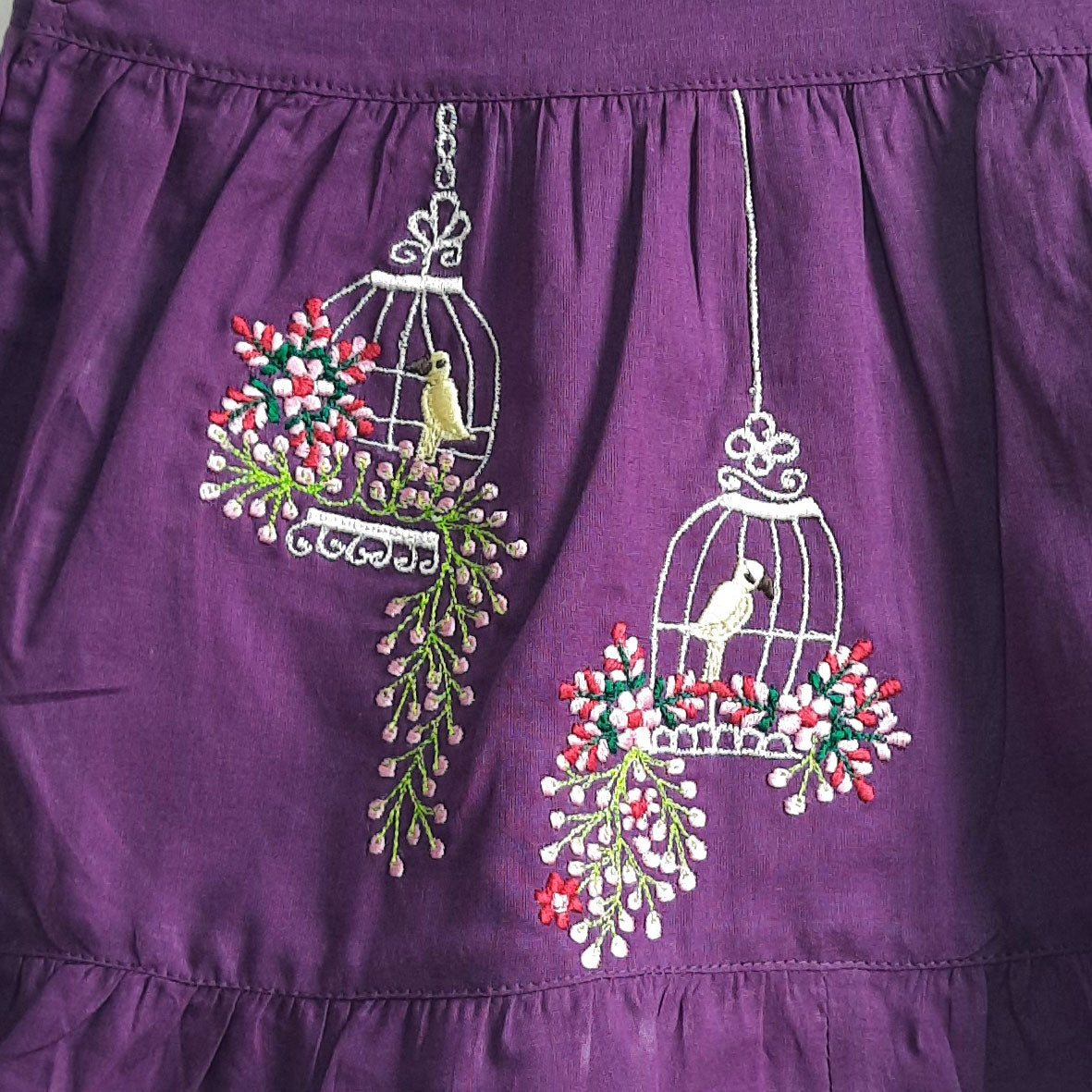 Organic Cotton Embroidered Girls Purple Jabla / Dress - Birdcages