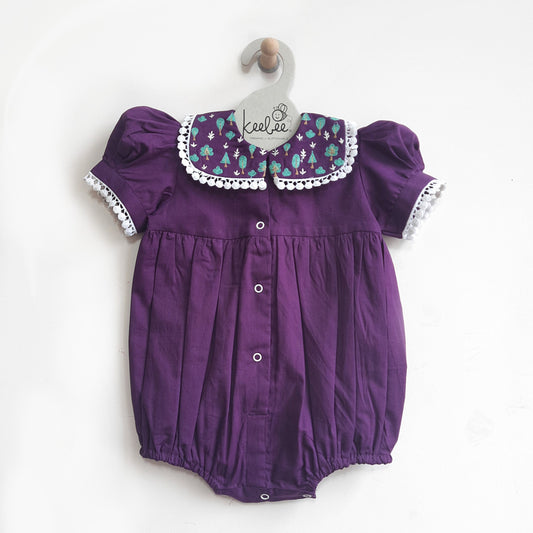 ORGANIC COTTON BABY GIRL PUFF SLEEVE LACE ROMPER - PURPLE PINE