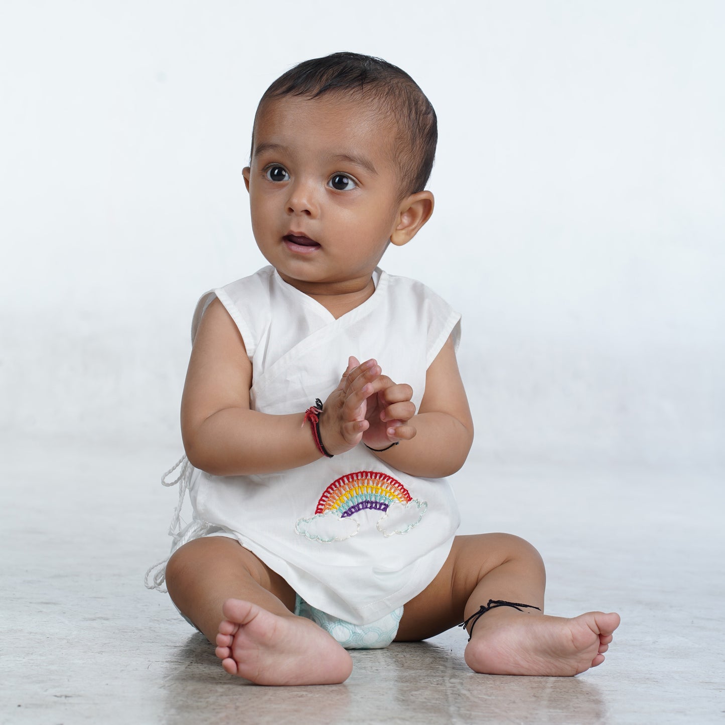 Organic Cotton Sleeveless Hand Embroidered Baby White Jabla - Rainbow