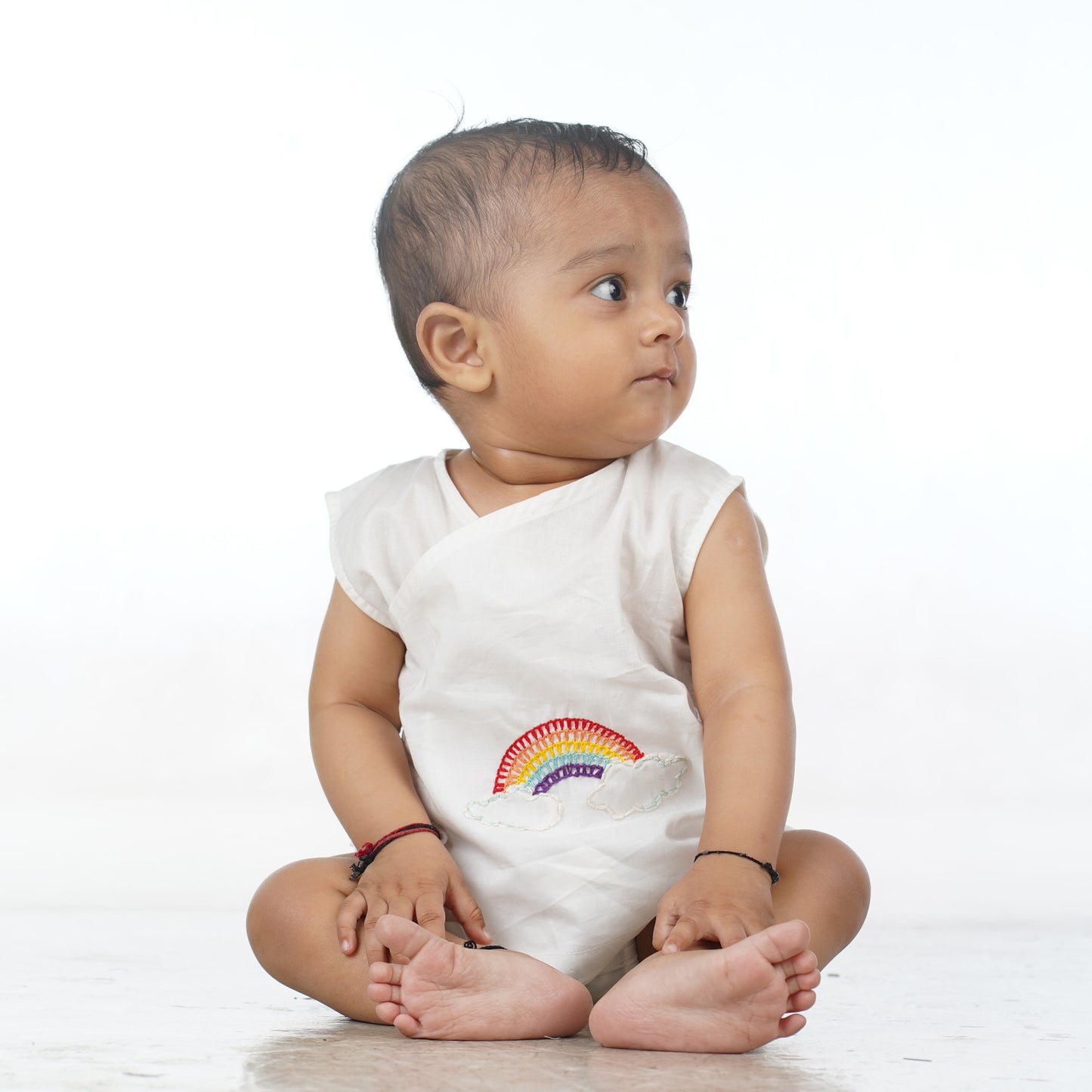 Organic Cotton Sleeveless Hand Embroidered Baby White Jabla - Rainbow