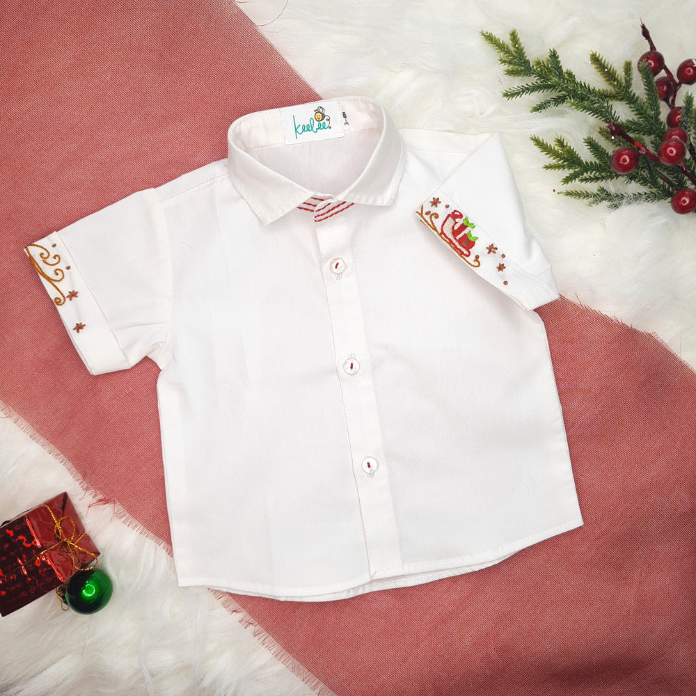 Keebee Organic Cotton Embroidered Half Sleeve Shirt - Santa's Sleigh