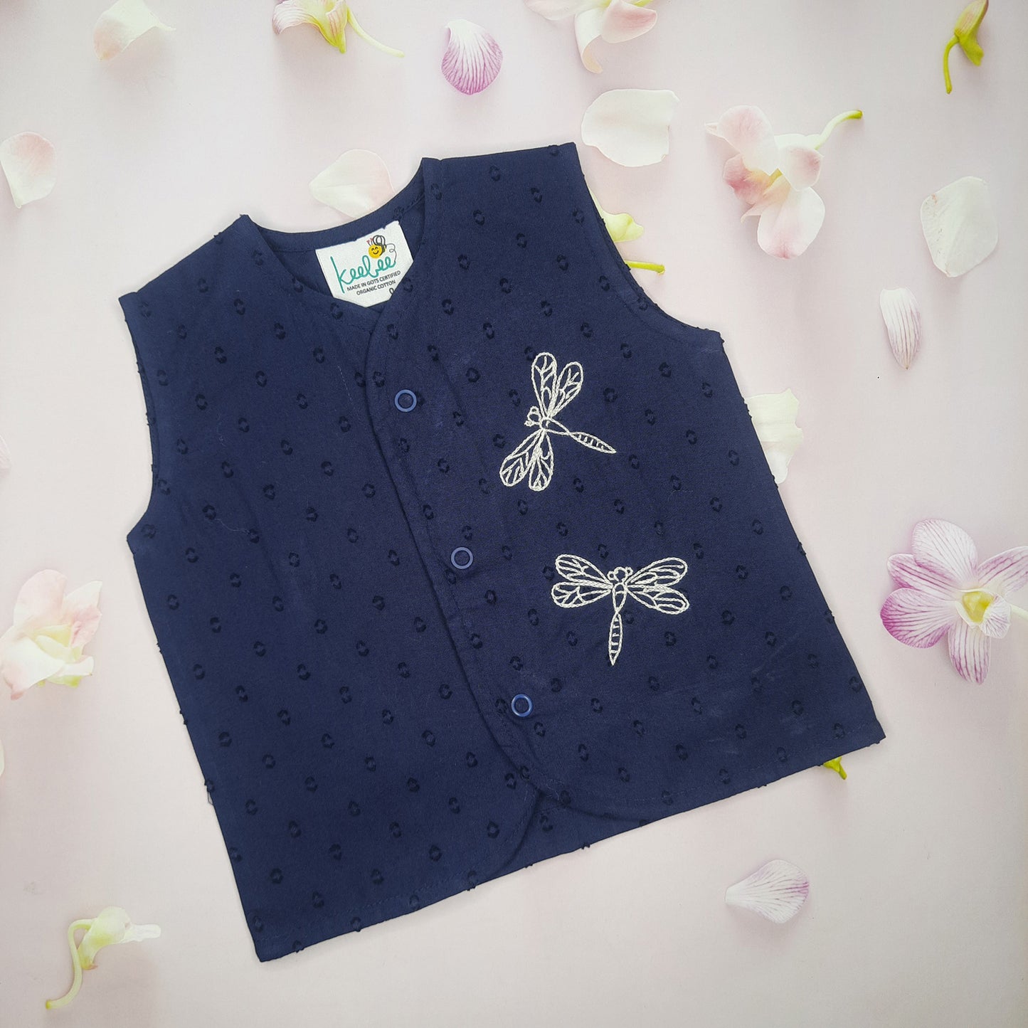 Organic Cotton Front-open Embroidered Dark Blue Jabla - Dragonfly