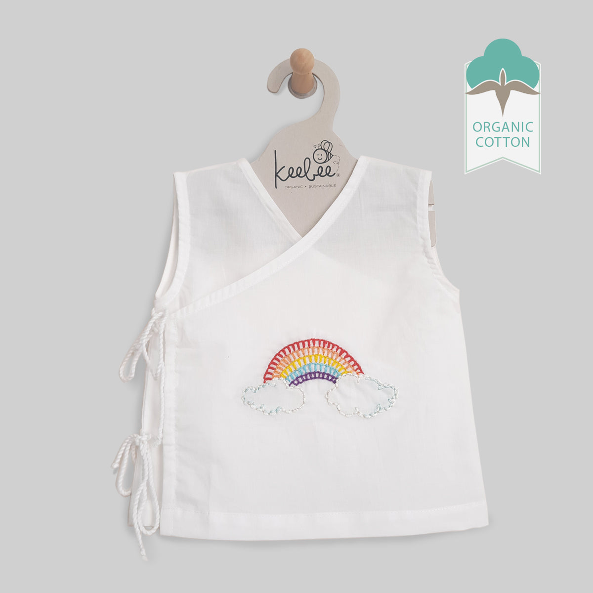 Organic Cotton Sleeveless Hand Embroidered Baby White Jabla - Rainbow