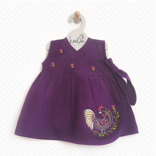 Organic Cotton Embroidered Girls Iris Purple Dress - Rooster