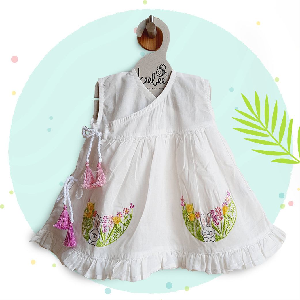 Organic Cotton Embroidered Girls Jabla / Dress - Rabbit