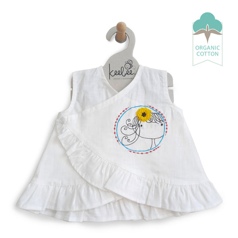 Organic Cotton Slub White Embroidered Baby Girl Wrap Dress - Flower Girl