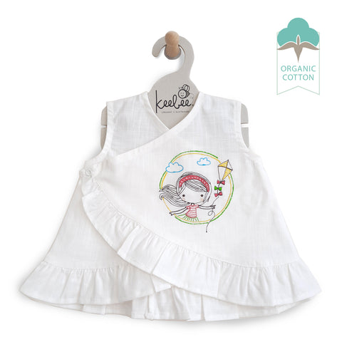 Organic Cotton Slub White Embroidered Baby Girl Wrap Dress - Fly High